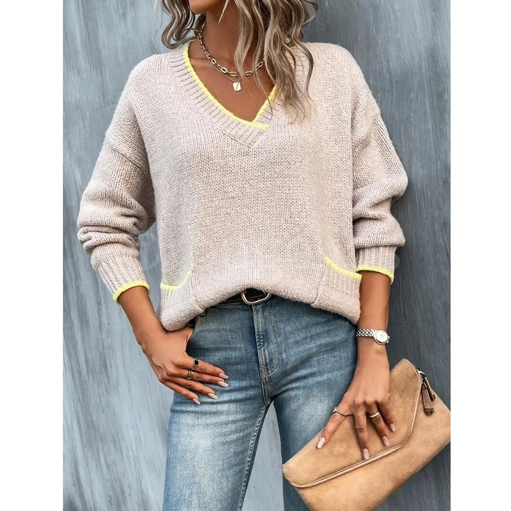 V-Neck Beige Pullover Knit Sweater Yellow Contrast Trim - Picture 2 of 12